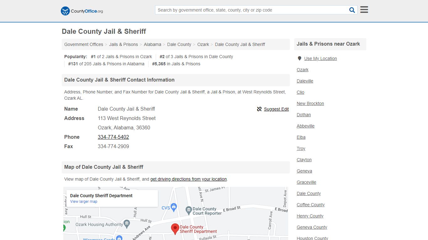 Dale County Jail & Sheriff - Ozark, AL (Address, Phone, and Fax)